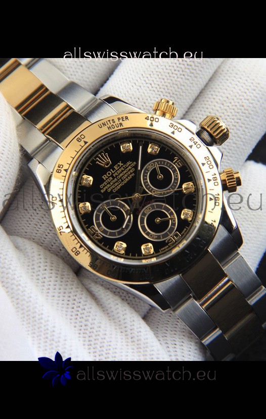 Rolex Daytona Japanese Movement Two Tone Gold Casing Watch in Black Dial 