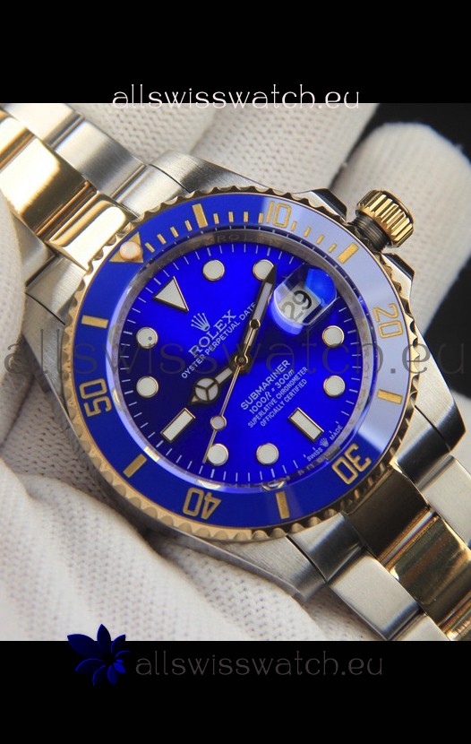 Rolex Submariner Japanese Replica Watch 904L 2 Tone Yellow Gold - Ceramic Bezel in Blue