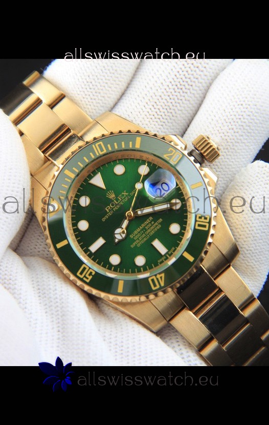 Rolex Submariner Japanese Replica Watch in Yellow Gold Casing Green Dial 