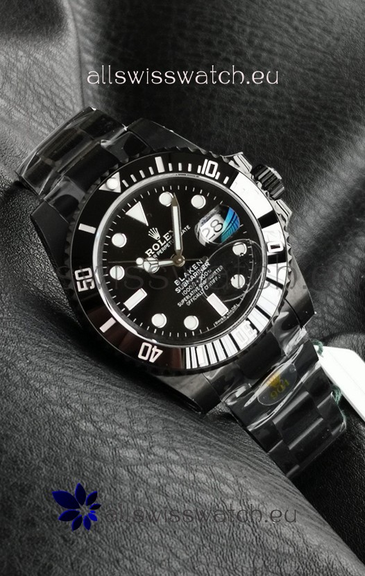 Rolex Submariner Blaken DLC Coated Swiss Replica Watch in Black Dial 