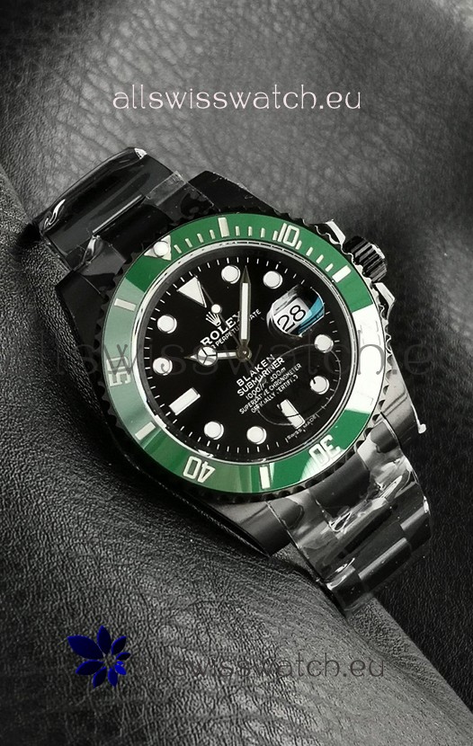 Rolex Submariner Blaken DLC Coated Swiss Replica Watch in Green Bezel