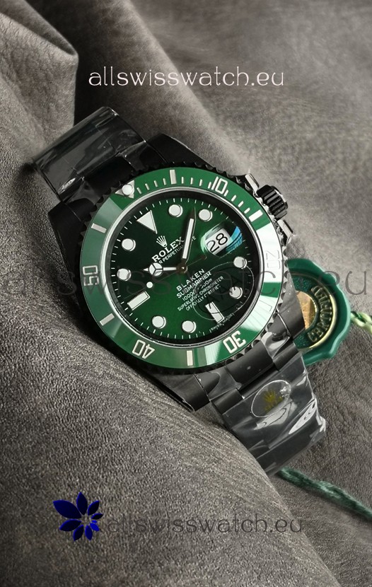 Rolex Submariner Blaken DLC Coated Swiss Replica Watch in Green Dial