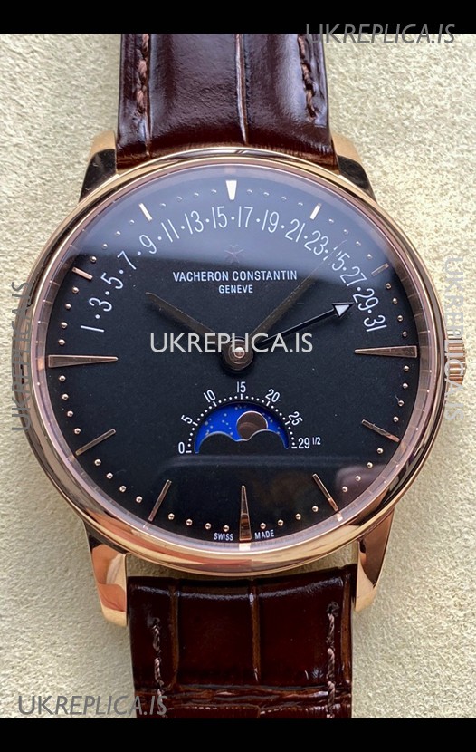 Vacheron Constantin Patrimony Moonphase Rose Gold Black dial Swiss Replica Watch 
