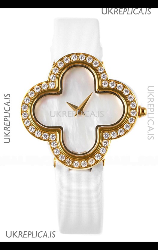 Van Cleef & Arpels Alhambra Yellow Gold Diamonds Bezel Pearl Dial Watch 