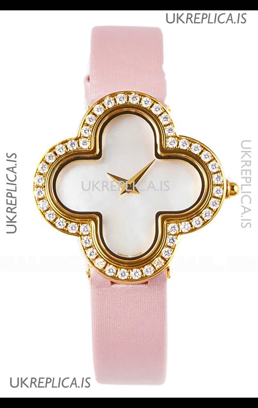 Van Cleef & Arpels Alhambra Yellow Gold Diamonds Bezel Pink Strap Watch 
