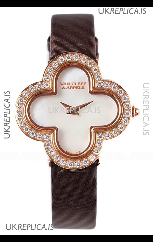 Van Cleef & Arpels Alhambra Rose Gold Diamonds Bezel Black Strap Watch 