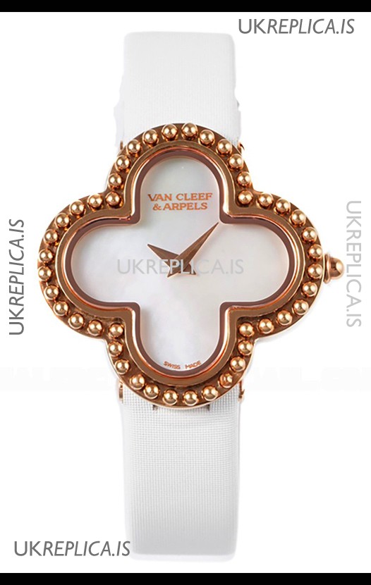 Van Cleef & Arpels Alhambra Rose Gold White Strap Watch 