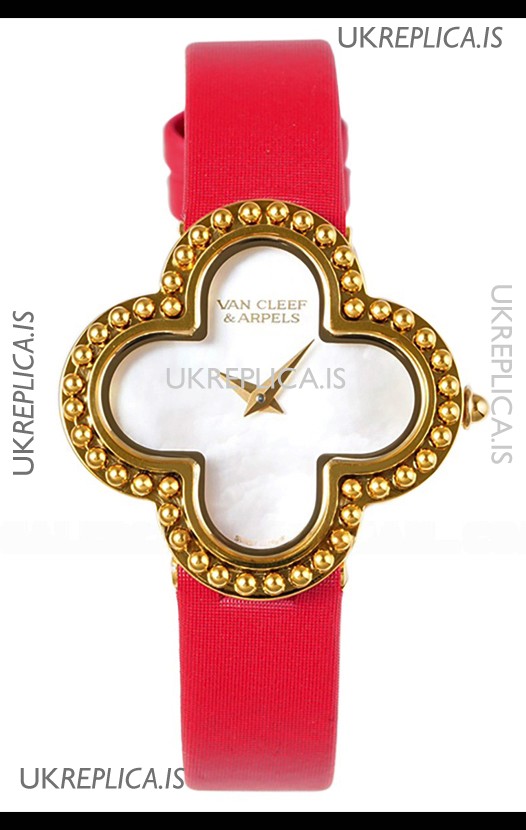 Van Cleef & Arpels Alhambra Yellow Gold Red Strap Watch 