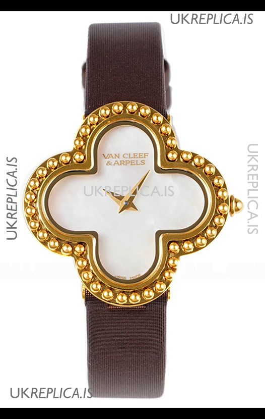Van Cleef & Arpels Alhambra Yellow Gold Brown Strap Watch 