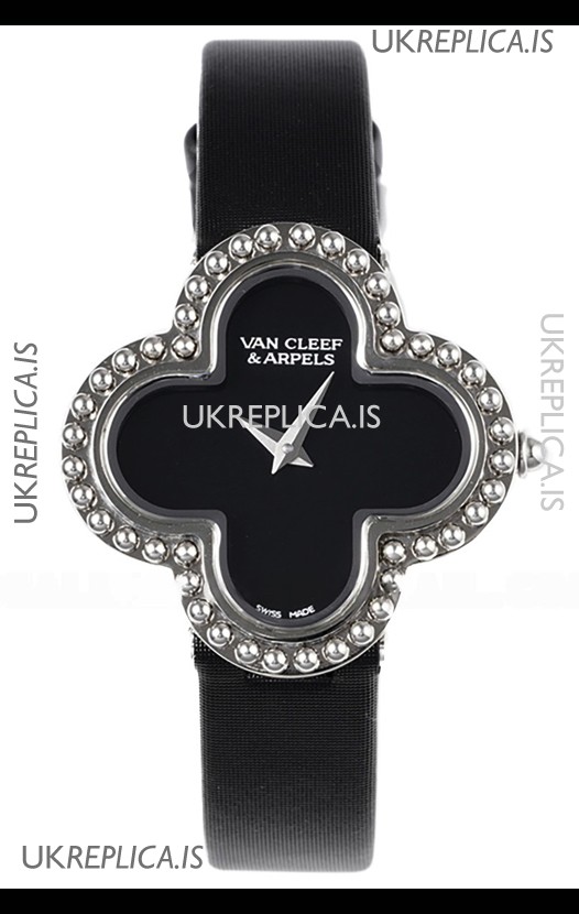 Van Cleef & Arpels Alhambra Stainless Steel Black Strap Watch 