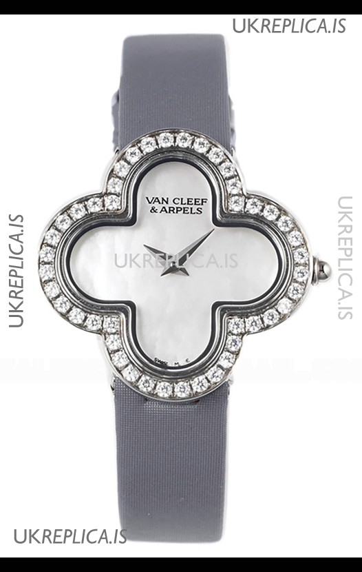 Van Cleef & Arpels Alhambra Stainless Steel Diamonds Bezel Grey Strap Watch 