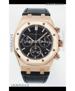 Royal Oak Chrono 26240 Rose Gold Black Dial Leather Strap Super Clone Watch 
