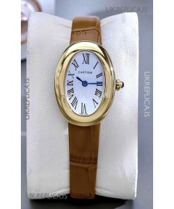 Cartier Baignoire Yellow Gold 23MM Super Clone Watch Brown Strap