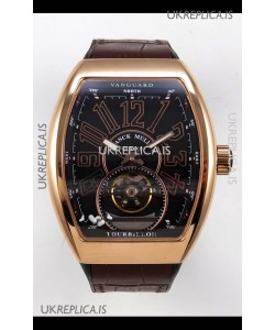 Franck Muller V45 Tourbillon Rose Gold Black Dial Black Leather Super Clone Watch 