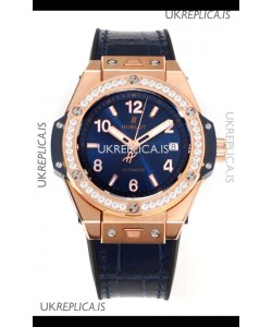 Hublot Big Bang One Click moissanite Bezel Rose Gold Super Clone Watch Blue Dial