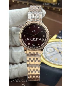 Omega De Ville Automatic 34MM Burgundy Dial Rose Gold Case Super Clone Watch 