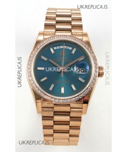 Rolex Day Date 128345 Rose Gold Green Crystal Dial Diamonds Bezel Super Clone Watch 
