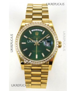 Rolex Day Date 128348 Yellow Gold Green Crystal Dial Diamonds Bezel Super Clone Watch 