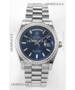 Rolex Day Date 128349 Stainless Steel Blue Crystal Dial Super Clone Watch 