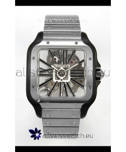 Santos De Cartier Super Clone Watch in Skeleton Dial Brushed DLC Coated Steel Casing Watch 
