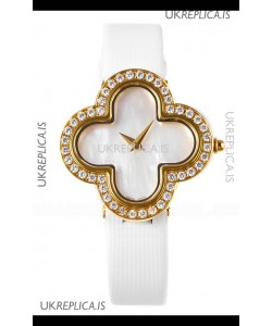 Van Cleef & Arpels Alhambra Yellow Gold Diamonds Bezel Pearl Dial Watch 