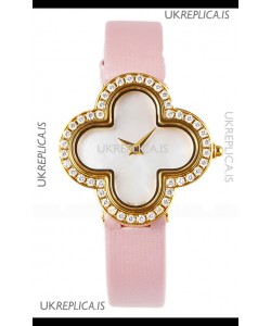 Van Cleef & Arpels Alhambra Yellow Gold Diamonds Bezel Pink Strap Watch 