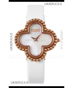 Van Cleef & Arpels Alhambra Rose Gold White Strap Watch 