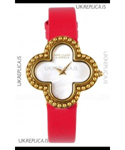Van Cleef & Arpels Alhambra Yellow Gold Red Strap Watch 