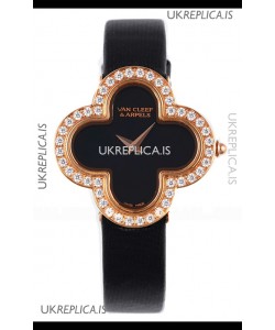 Van Cleef & Arpels Alhambra Rose Gold Diamonds Bezel Black Strap Watch 