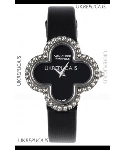 Van Cleef & Arpels Alhambra Stainless Steel Black Strap Watch 