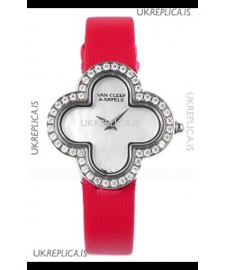 Van Cleef & Arpels Alhambra Stainless Steel Diamonds Bezel Red Strap Watch 