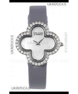 Van Cleef & Arpels Alhambra Stainless Steel Diamonds Bezel Grey Strap Watch 