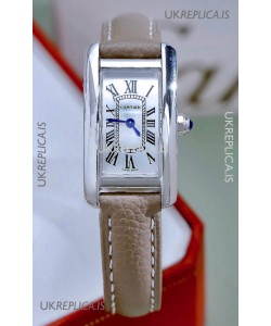 Cartier Tank Americaine Steel 19.4MM Beige Strap Swiss Quartz Watch 