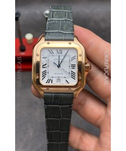 Cartier Santos De Cartier Rose Gold Grey Leather Strap Super Clone Watch 