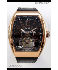 Franck Muller V45 Tourbillon Rose Gold Black Dial Brown Leather Super Clone Watch 