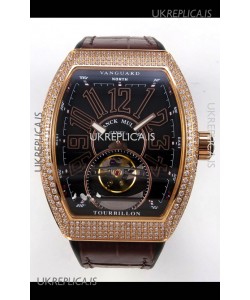 Franck Muller V45 Tourbillon Rose Gold Diamonds Brown Strap Super Clone Watch 