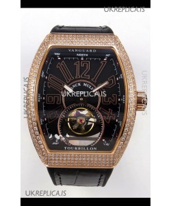 Franck Muller V45 Tourbillon Rose Gold Diamonds Black Strap Super Clone Watch 