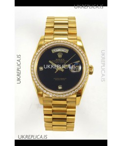 Rolex Day Date Yellow Gold Black Dial Diamonds Bezel 36MM Swiss Replica