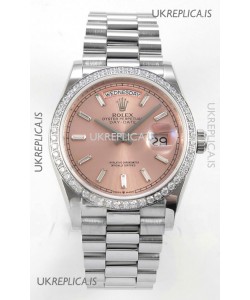 Rolex Day Date 128349 Stainless Steel Pink Crystal Dial Super Clone Watch 