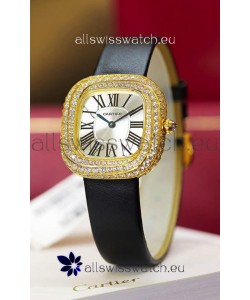 Coussin De Cartier Yellow Gold Swiss Replica Watch Black Strap 