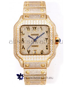 Cartier "Santos De Cartier" Yellow Gold W/ Diamonds Arabic Dial 1:1 Mirror Replica - 40MM - Genuine Diamonds