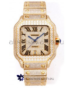 Cartier "Santos De Cartier" Yellow Gold W/ Diamonds Roman Dial 1:1 Mirror Replica - 40MM - Genuine Diamonds