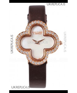 Van Cleef & Arpels Alhambra Rose Gold Diamonds Bezel Black Strap Watch 