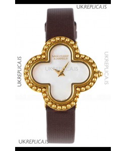 Van Cleef & Arpels Alhambra Yellow Gold Brown Strap Watch 